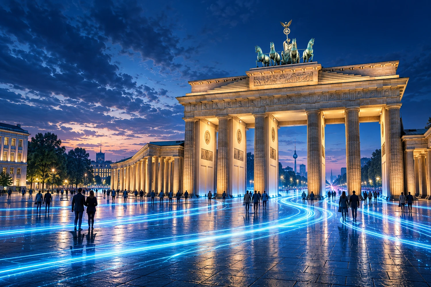 Generierte Zukunftsvision des Brandenburger Tors in Berlin mit frei gehenden Menschen und räumlichen cyanfarbenen Lichtströmen.