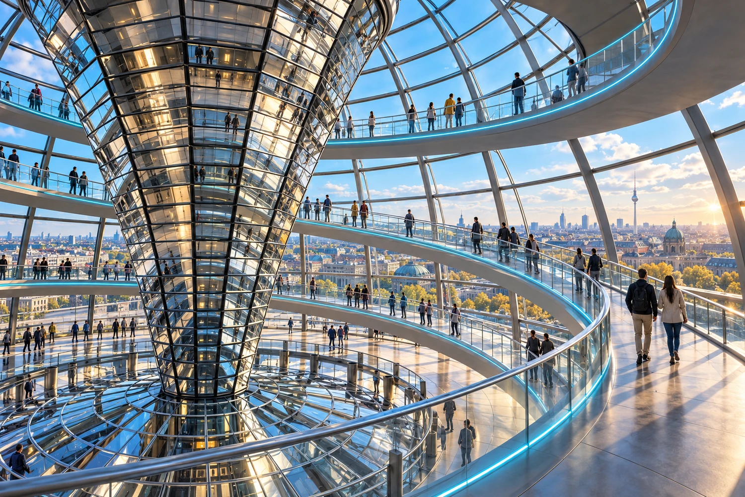 Generiertes Konzeptmotiv der Berliner Reichstagskuppel mit transparentem Glasdach, Spiegelkegel und frei begehbaren Spiralrampen.